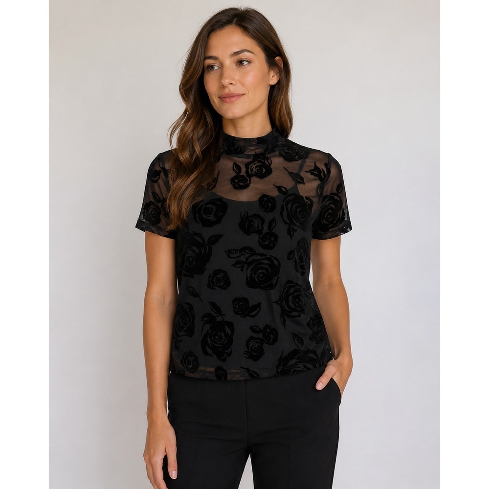Vintage‎ Y2K Mock Neck Sheer Top Womens S Black Velvet Floral Grunge Whimsigoth